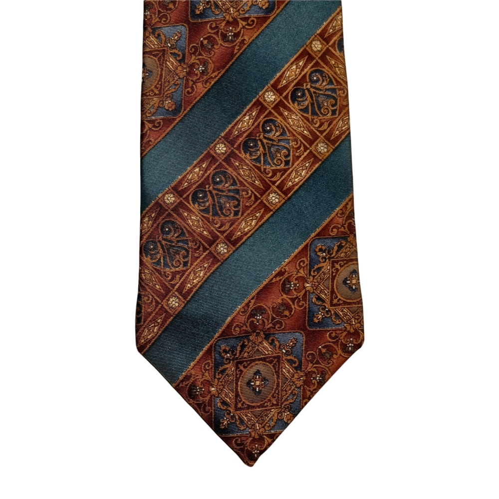 VTG BILL BLASS Brown Blue Diagonal Stripe Multi Print Tie